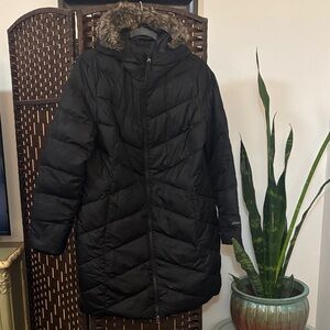 Eddie Bauer Black Quilted Puffer Coat with Faux Fur Trim Hood